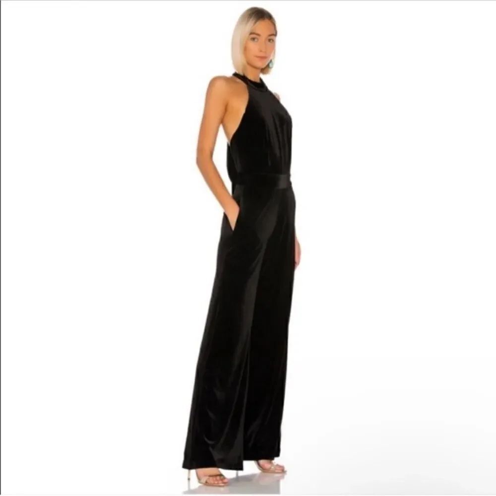 MISA LOS ANGELES Xandra Black Hammered Satin wide leg Halter jumpsuit Small NWT - Picture 2 of 12